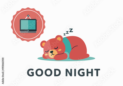 A sleeping bear watches TV before going to bed at home.