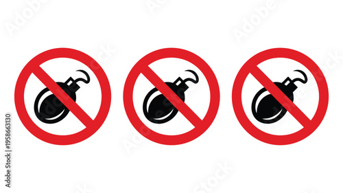 Three red prohibition signs with bomb silhouettes inside, “no bombs” vector icons, representing forbidden explosives, hazard prevention, and safety warnings, clean flat and outline design for security