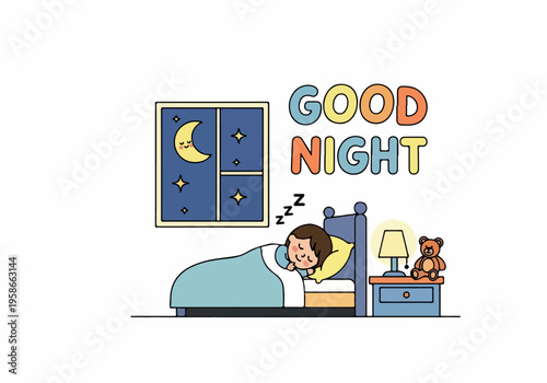 A child sleeps peacefully in bed with a teddy bear and night sign.