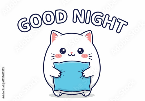 A cute white cat holds a blue pillow