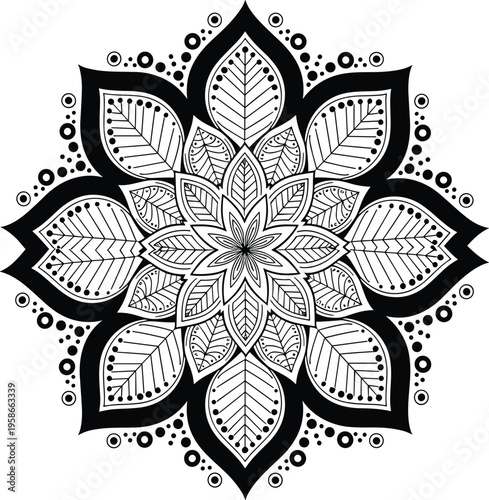 Mandala floral ornament design, decorative geometric pattern, boho style symmetry art, monochrome line illustration, ethnic ornament, meditation symbol isolated vector