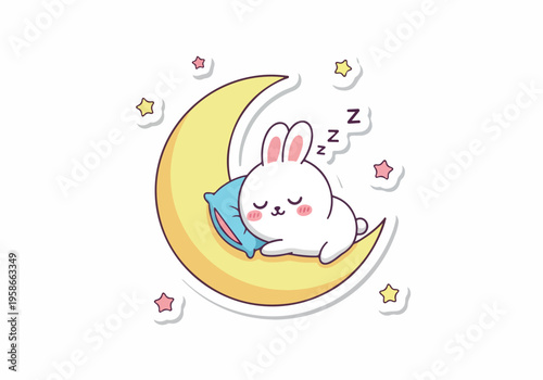 A cute cartoon rabbit sleeps peacefully on a crescent moon with stars.