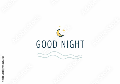 A peaceful nighttime scene with a crescent moon and stars shining brightly over a calm sea with the words Good Night written in blue letters