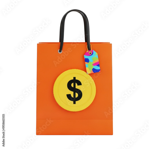 Orange shopping bag with dollar coin and colorful tag isolated on transparent background
