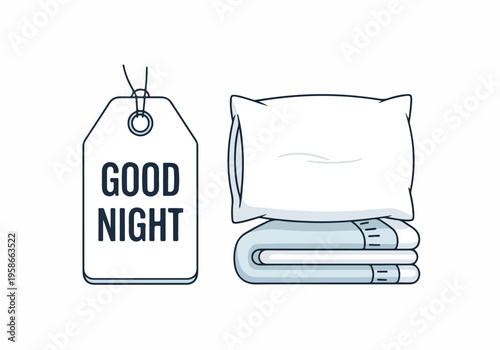 A good night message tag hangs beside a neatly folded blanket and pillow.