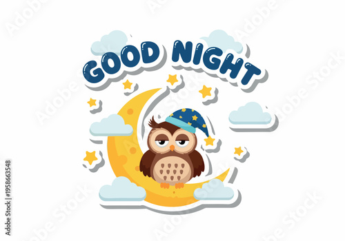 A cute owl wearing a sleep cap sits on a yellow crescent moon surrounded by stars and clouds at night.
