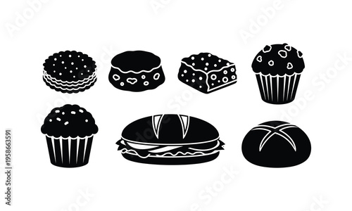 Assorted black and white illustrations of baked goods and desserts