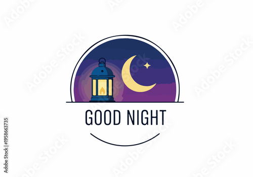 A serene night scene with a lantern, crescent moon, and star under a purple sky with the words GOOD NIGHT.