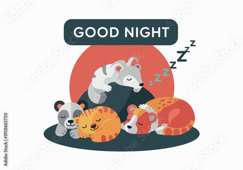 Cuddly animals sleep peacefully together at night with pillows