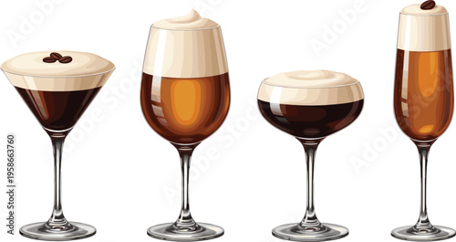 Coffee cocktails collection with espresso martini and layered drinks. Elegant realistic glassware set. Perfect for bar menu design, branding and beverage visuals.