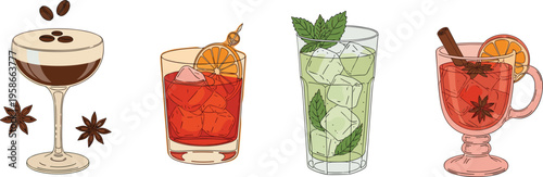 Cocktail drinks set with espresso martini, negroni, hugo spritz and mulled wine. Modern bar illustration collection. Perfect for menu design, branding and beverage visuals.