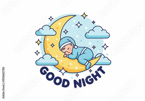 A baby sleeps peacefully on a crescent moon surrounded by clouds and stars at night.