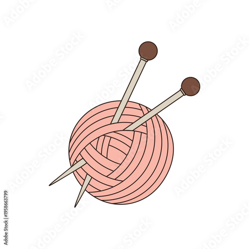 Pink yarn ball with knitting needles for handmade craft and needlework workshop design
