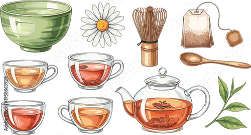 Tea set with cups, teapot and herbal ingredients. Natural hand drawn illustration collection. Perfect for menu design, packaging and organic tea branding.