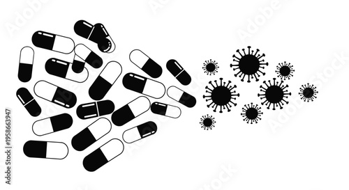 Pills and virus particles depicted in a stark black silhouette