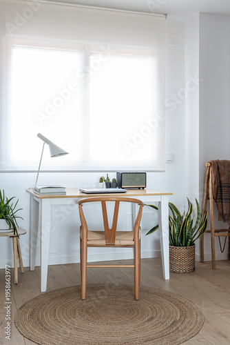 Konstfotografi Minimalist home office with a wishbone chair setup