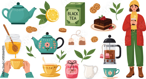 Tea time elements with teapots, desserts and girl character. Cozy cafe lifestyle illustration set. Perfect for menu design, branding and social media visuals.