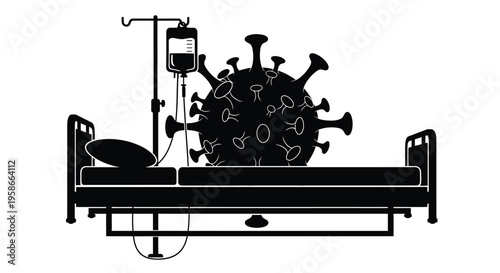 Hospital bed with iv drip and virus shape black silhouette