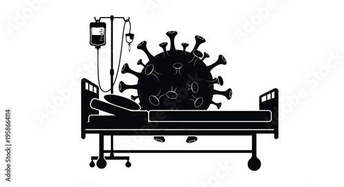 Hospital bed and coronavirus depiction in stark black silhouette high quality