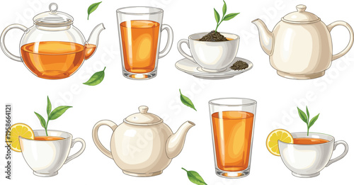 Tea cups and teapots collection with lemon and green leaves. Fresh herbal drink illustration set. Perfect for menu design, packaging and tea branding.