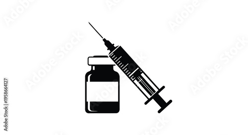 A black syringe and vial medical equipment isolated on a white background silhouette