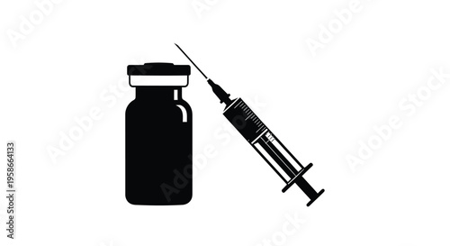 A vial and syringe depicted in a stark black graphic silhouette