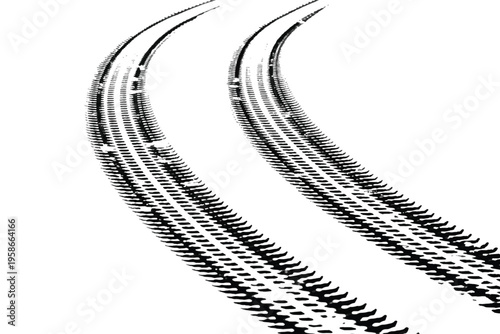 Tire tracks on white background, black wheel marks crossing, rubber tyre tread print isolated, vector automotive trace, race car drift skid marks, transportation design element.