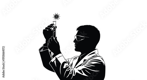 Scientist examining a test tube with a virus striking black silhouette