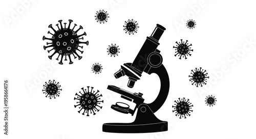 Microscope with coronavirus cells surrounding it a striking black silhouette