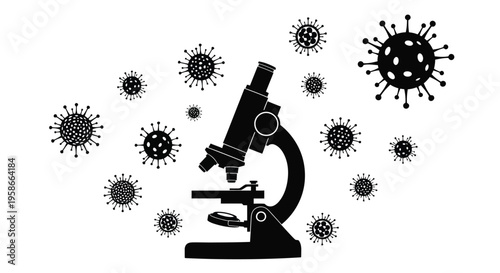 Microscope with virus shapes surrounding it rendered as a bold silhouette