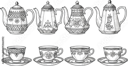 Vintage teapot and teacup collection with floral patterns. Elegant engraving style illustration set. Perfect for menu design, packaging and tea branding.