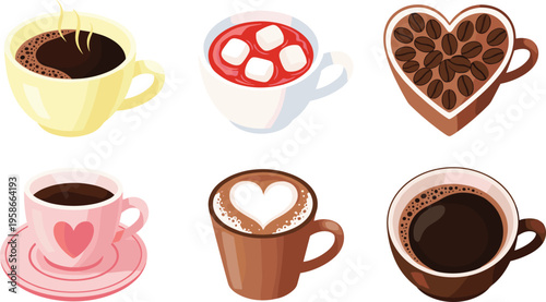 Cute coffee cups with heart shapes and latte art set. Romantic cafe drinks collection. Perfect for Valentine design, branding and coffee shop visuals.