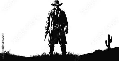 Western cowboy silhouette standing in desert, gunslinger outlaw with revolver, wild west landscape, cactus scene, vintage black illustration isolated design