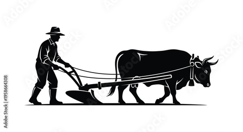 Farmer plowing a field with an ox a striking black silhouette