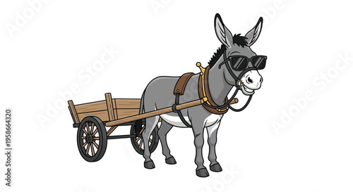 Cartoon donkey with sunglasses pulling a wooden cart whimsical silhouette