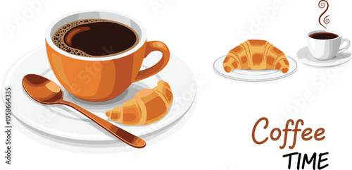 Coffee time composition with cup and croissant breakfast. Cozy morning cafe scene illustration. Perfect for menu design, branding and coffee shop visuals.