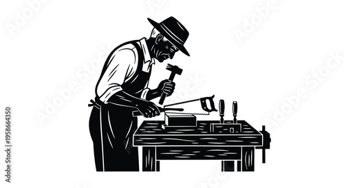 Woodworker crafting with hand tools a striking black and white silhouette