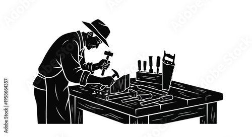 A carpenter working at a workbench with tools depicted in silhouette