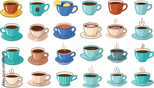 Colorful coffee cups collection with various hot drinks. Cute flat style cafe illustration set. Perfect for menu design, branding and beverage visuals.