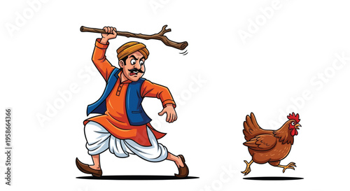 Cartoon man chases a chicken with a stick vibrant illustration silhouette
