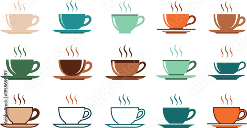 Colorful coffee cups icons collection with hot drinks. Minimal flat style cafe illustration set. Perfect for menu design, branding and beverage visuals.
