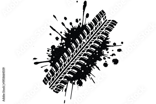 Tire track with ink splash, grunge tire mark vector, automotive wheel print silhouette, racing background element, dirty rubber track design, black ink splatter with tire tread.