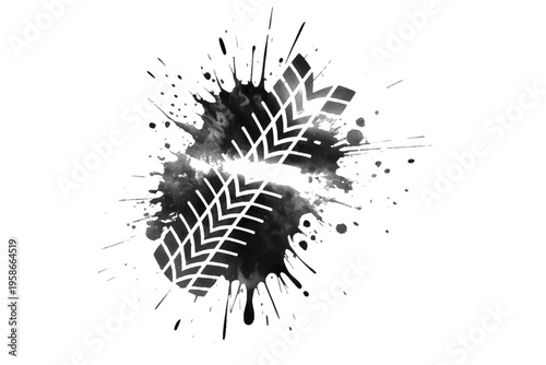 Tire track with ink splash, grunge tire mark vector, automotive wheel print silhouette, racing background element, dirty rubber track design, black ink splatter with tire tread.