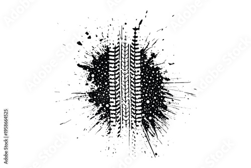 Tire track vector, grunge tire mark, wheel print with ink splash, automotive racing background, tire tread silhouette, dirty rubber track, transportation design element.