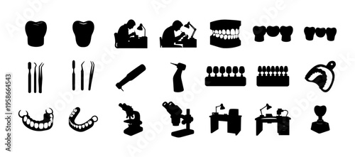 Dental Technician Laboratory Silhouettes Set - Prosthetics Tools, Crowns, Dentures and Lab Work Icons