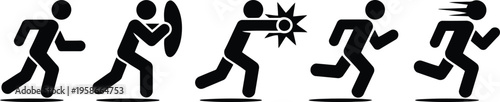 Five black silhouette figures show actions like walking, shielding, punching, and running at different speeds