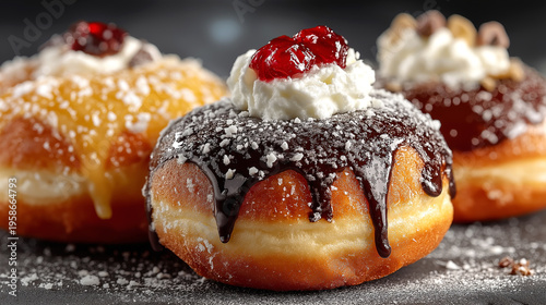 Donut with jam, chocolate and cream