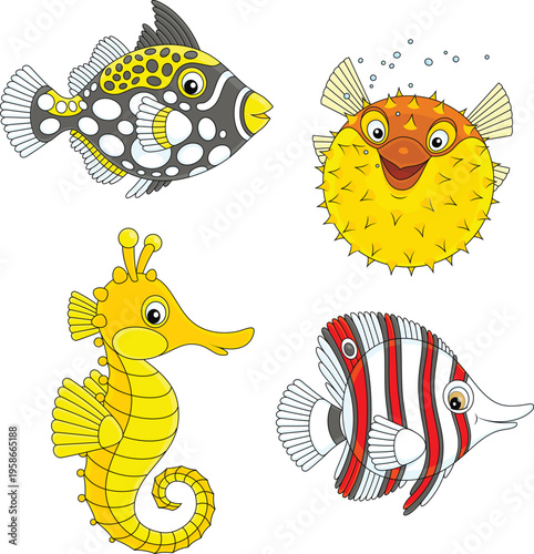 Vector collection of an exotic tropical puffer fish, a seahorse, a butterflyfish and a triggerfish