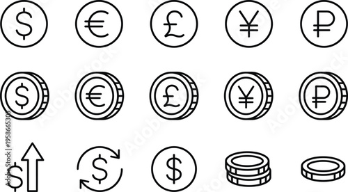 Currency Exchange Icon Set Featuring Global Money Symbols Dollar Euro Pound Yen Ruble Coins and Financial Growth Indicators for Business Design