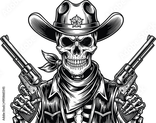 Skull cowboy outlaw with revolvers, western skeleton gunslinger illustration, vintage wild west bandit, gothic tattoo style, dark engraving art design